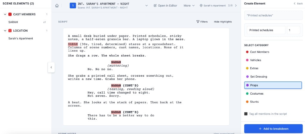 Scene elements sidebar, script with highlights, and Create Element panel