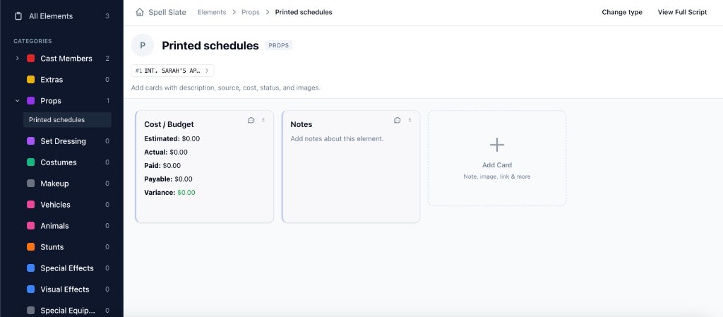 Element board with cost, notes, and add card