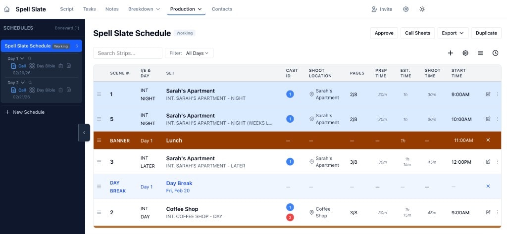 Stripboard with scenes, day breaks, and day sidebar