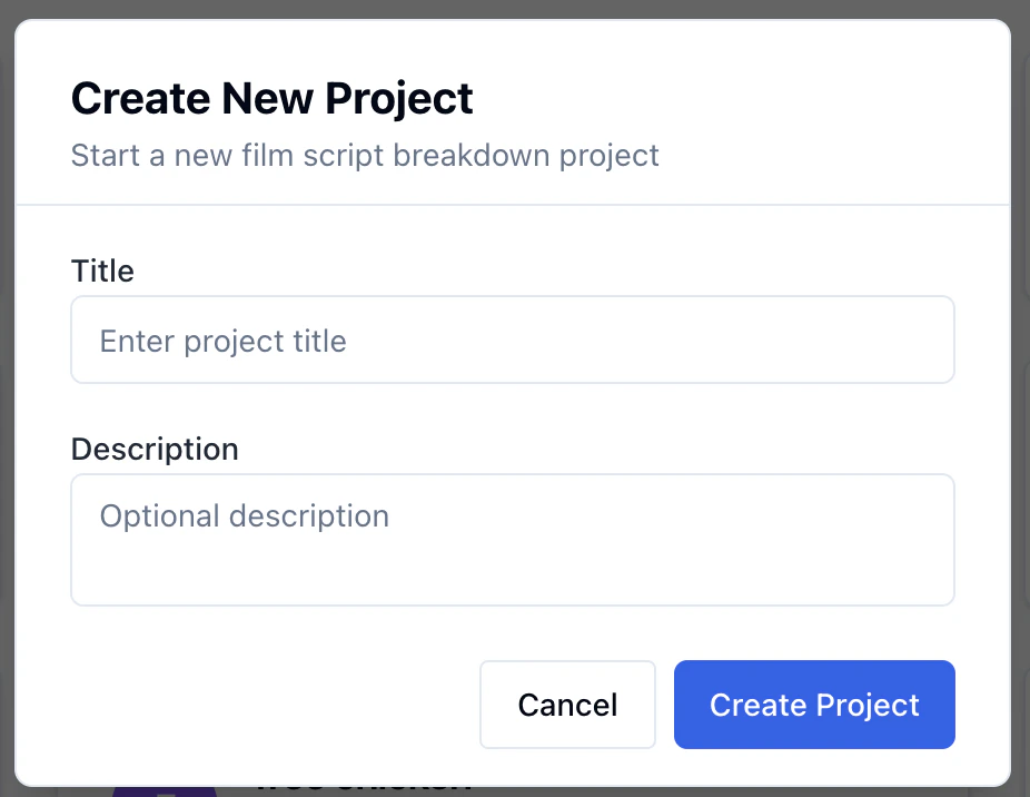 Create New Project modal with title and optional description