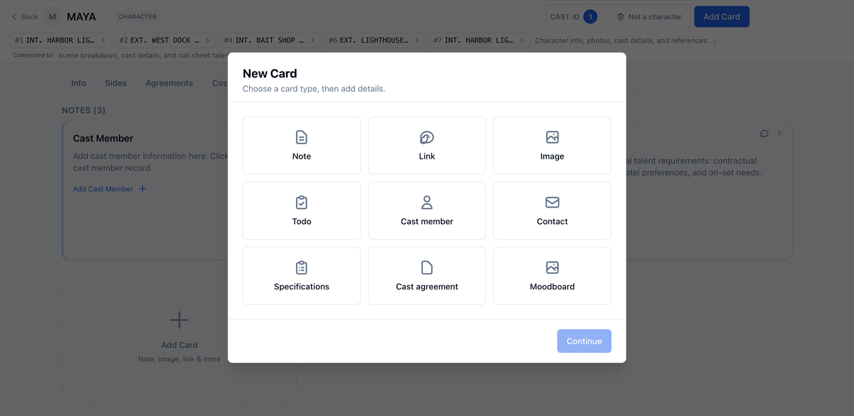 Adding a note to MAYA's board: Add Card, the Note tile, Continue, the title and content typed, Create Card, and the card in place
