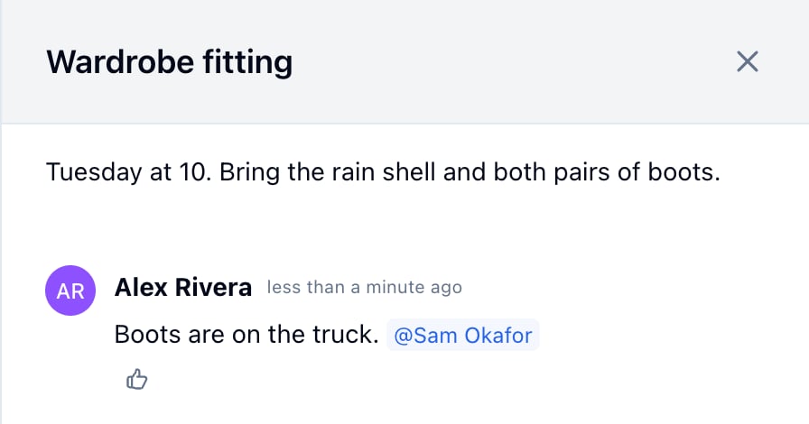 The posted comment: Boots are on the truck, with @Sam Okafor as a link and a thumbs-up under it