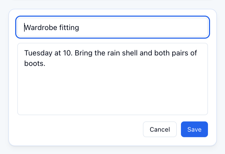The Wardrobe fitting card open for editing, its title and text in fields with Cancel and Save under them