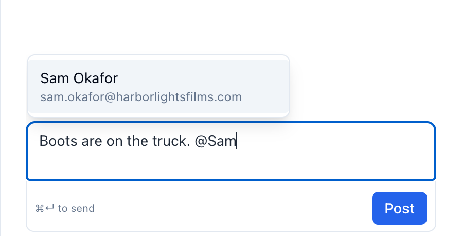 The comments panel for Wardrobe fitting with @Sam typed and Sam Okafor offered from the list