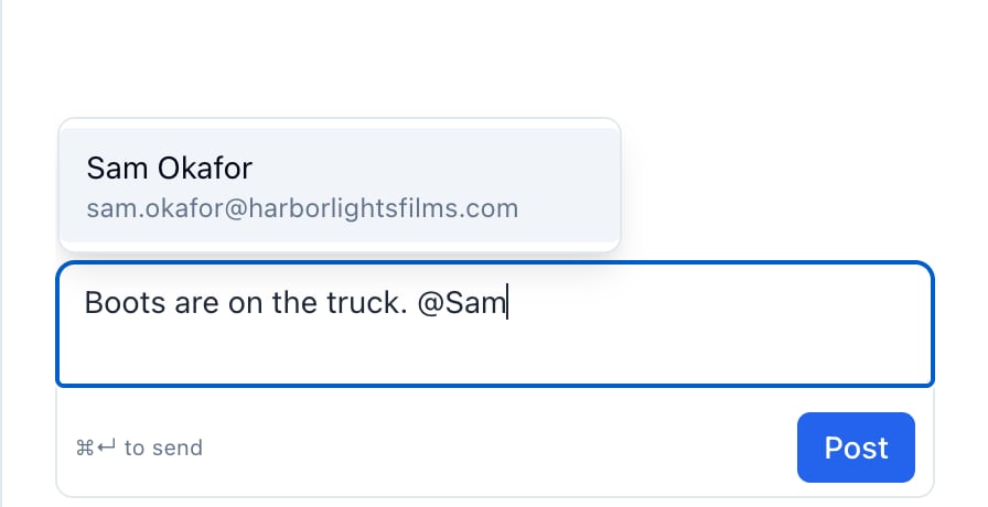 The comments panel for Wardrobe fitting with @Sam typed and Sam Okafor offered from the list