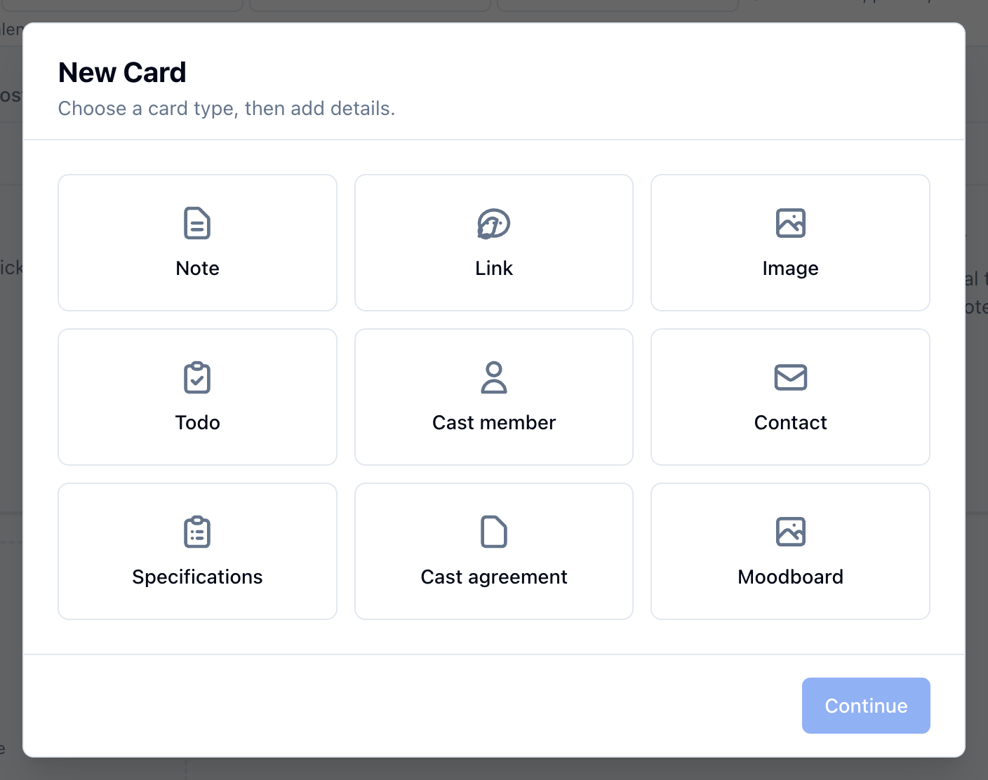 The New Card picker on a character's board: Note, Link, Image, Todo, Cast member, Contact, Specifications, Cast agreement, Moodboard