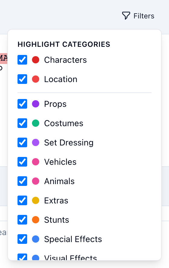 The Filters panel: a tick box for each highlight category