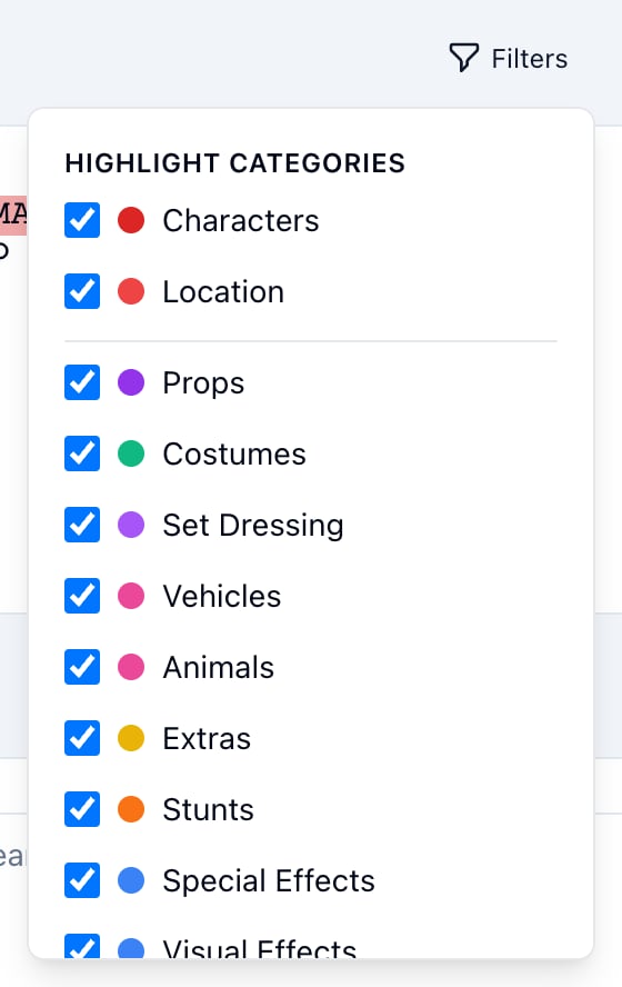 The Filters panel: a tick box for each highlight category
