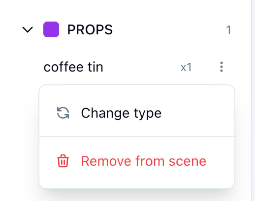 An element's row menu: Change type and Remove from scene