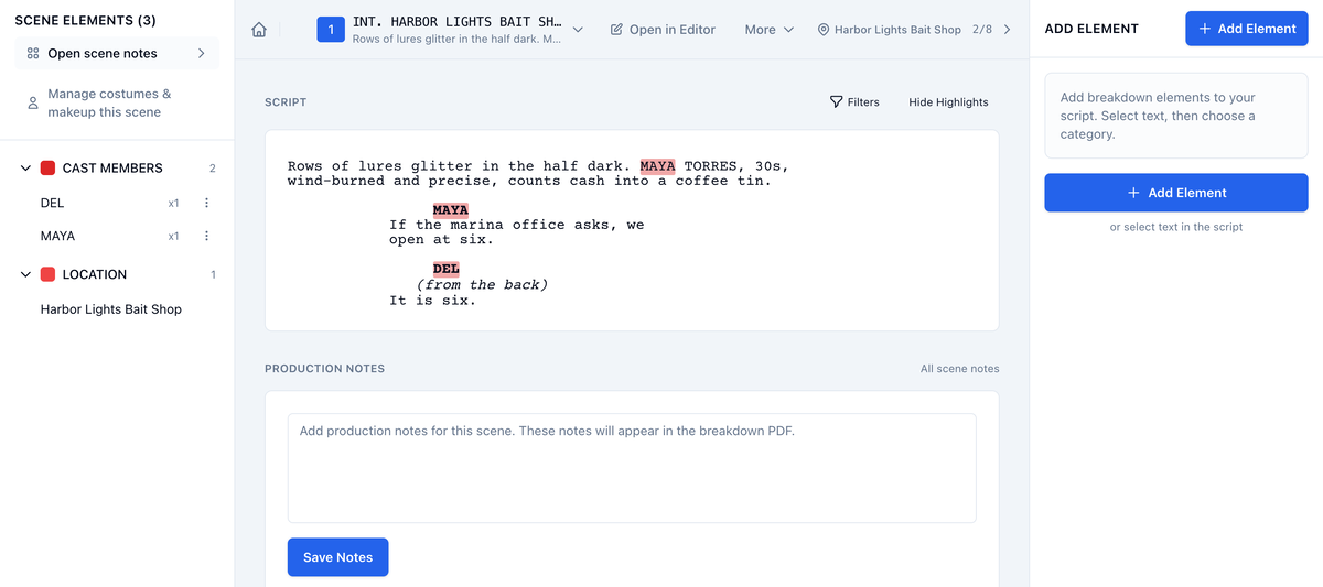 A scene's breakdown page: Scene Elements on the left, the script with characters highlighted, and the Add Element panel
