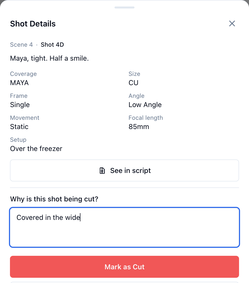 The cut section of the sheet asking why the shot is being cut