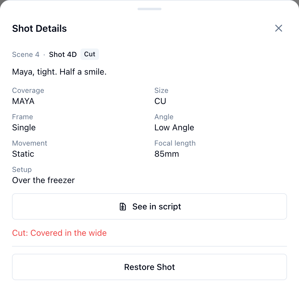 A cut shot's sheet with its reason and Restore Shot