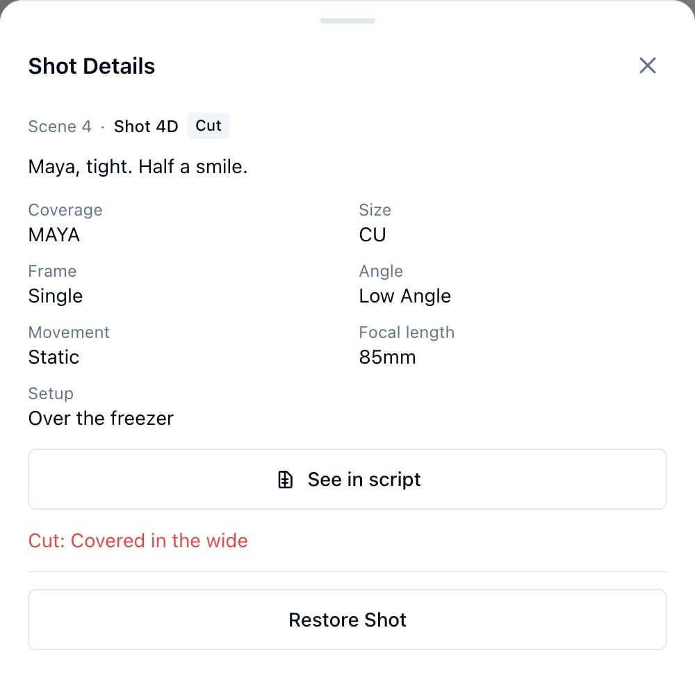 A cut shot's sheet with its reason and Restore Shot