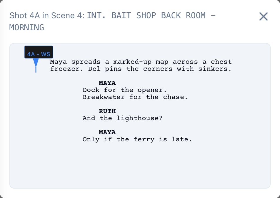 Shot 4A's coverage line down the left of the scene, from See in script