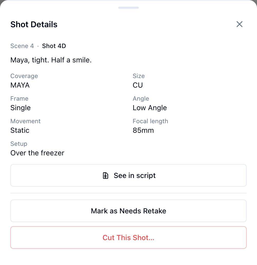 A shot's detail sheet with Mark as Needs Retake and Cut This Shot