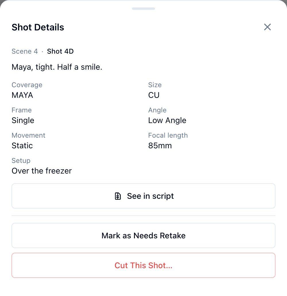 A shot's detail sheet with Mark as Needs Retake and Cut This Shot