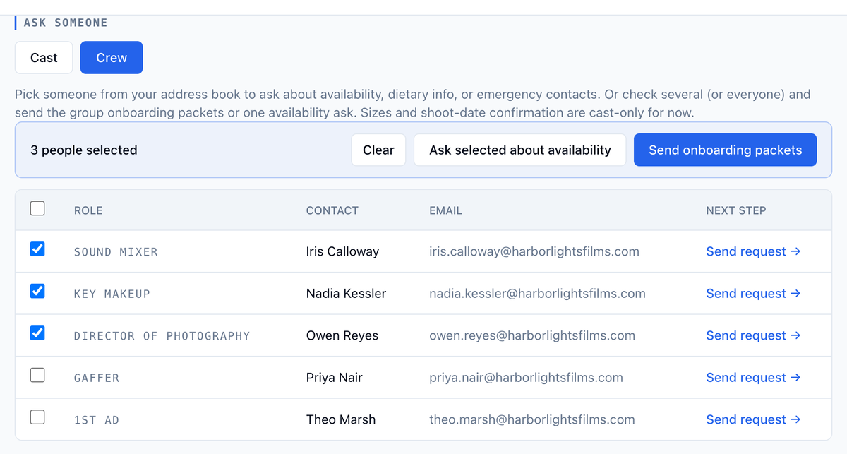 The Crew tab with three people checked and the bar showing 3 people selected, Clear, Ask selected about availability, and Send onboarding packets