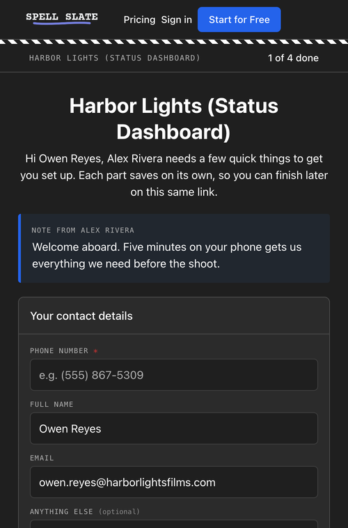 The onboarding packet on a phone: Harbor Lights (Status Dashboard), 1 of 4 done, the producer's note, and the Your contact details section with phone, name, and email fields