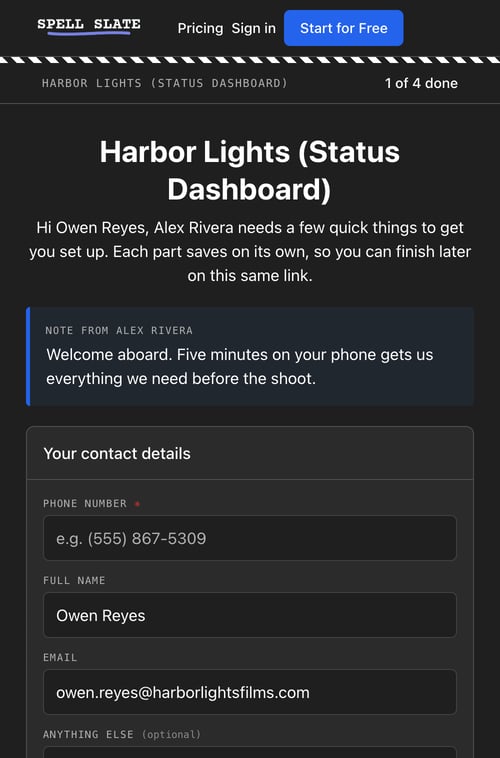 The onboarding packet on a phone: Harbor Lights (Status Dashboard), 1 of 4 done, the producer's note, and the Your contact details section with phone, name, and email fields