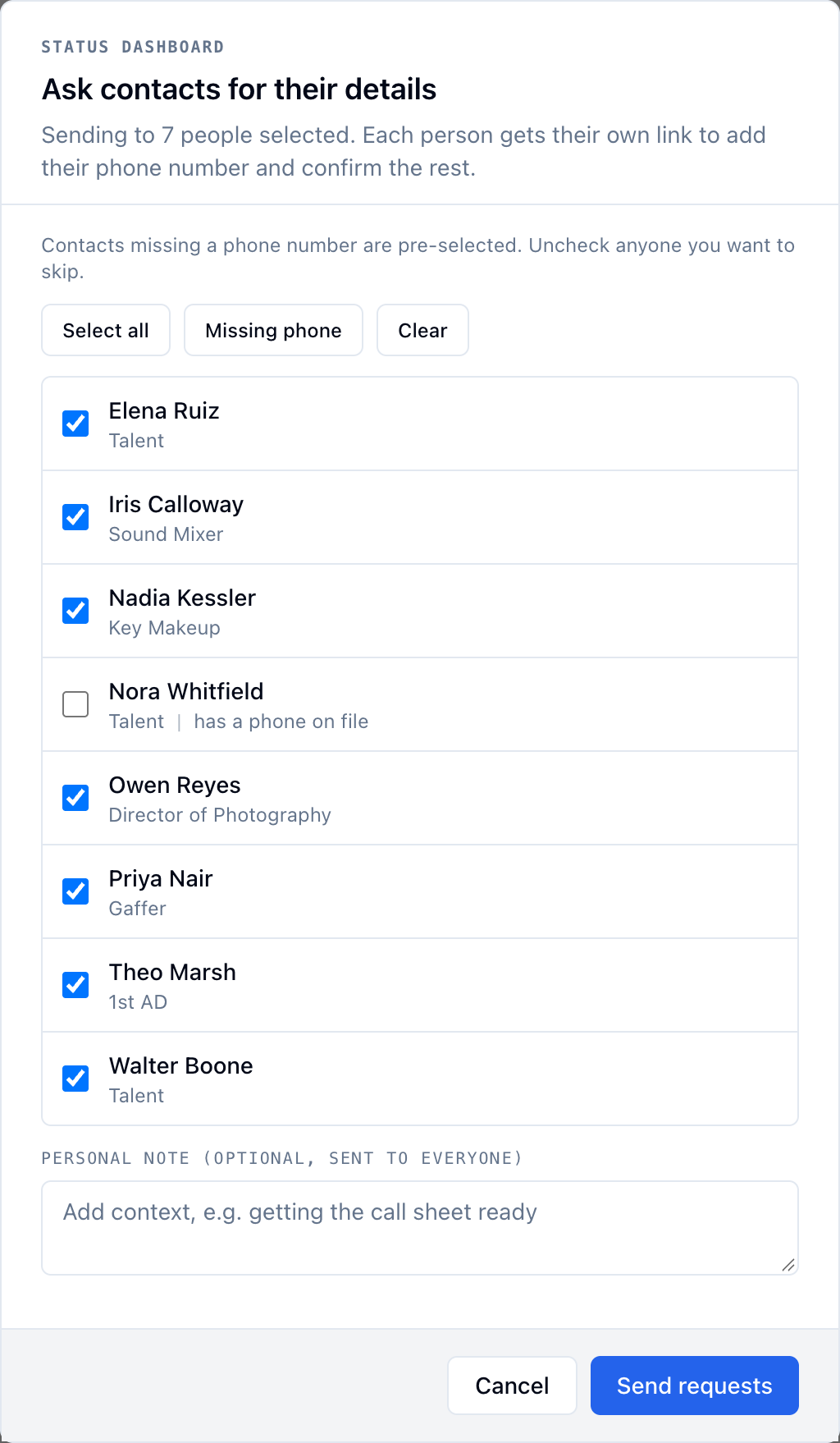 Ask contacts for their details: Sending to 7 people selected, with Select all, Missing phone, and Clear buttons, Nora Whitfield unchecked because she has a phone on file, and Send requests