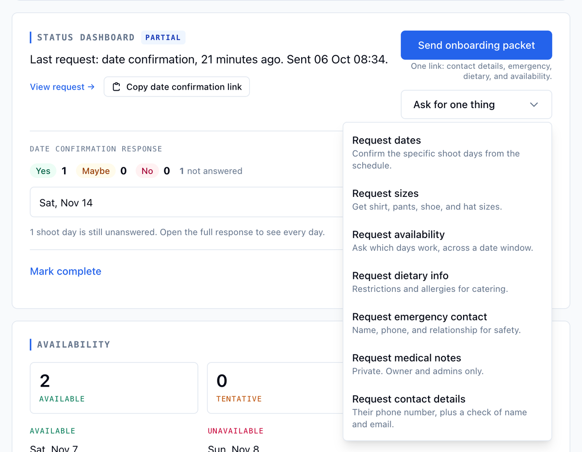 The Status Dashboard section on Walter Boone's cast member page with the Ask for one thing menu open: Request dates, Request sizes, Request availability, Request dietary info, Request emergency contact, Request medical notes, Request contact details