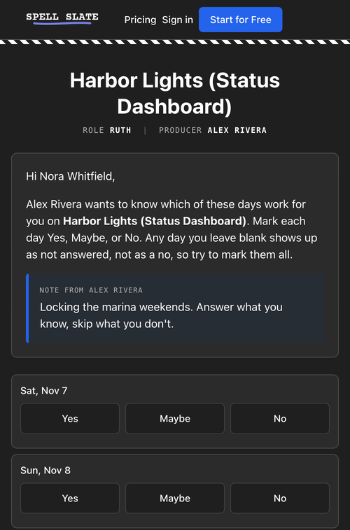 The availability form on a phone: Harbor Lights, role RUTH, producer Alex Rivera, the note Locking the marina weekends, and Yes Maybe No buttons under Sat, Nov 7