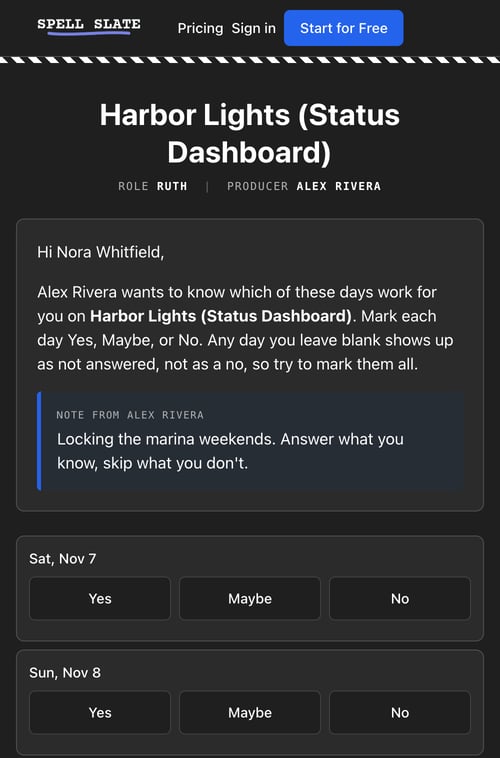 The availability form on a phone: Harbor Lights, role RUTH, producer Alex Rivera, the note Locking the marina weekends, and Yes Maybe No buttons under Sat, Nov 7