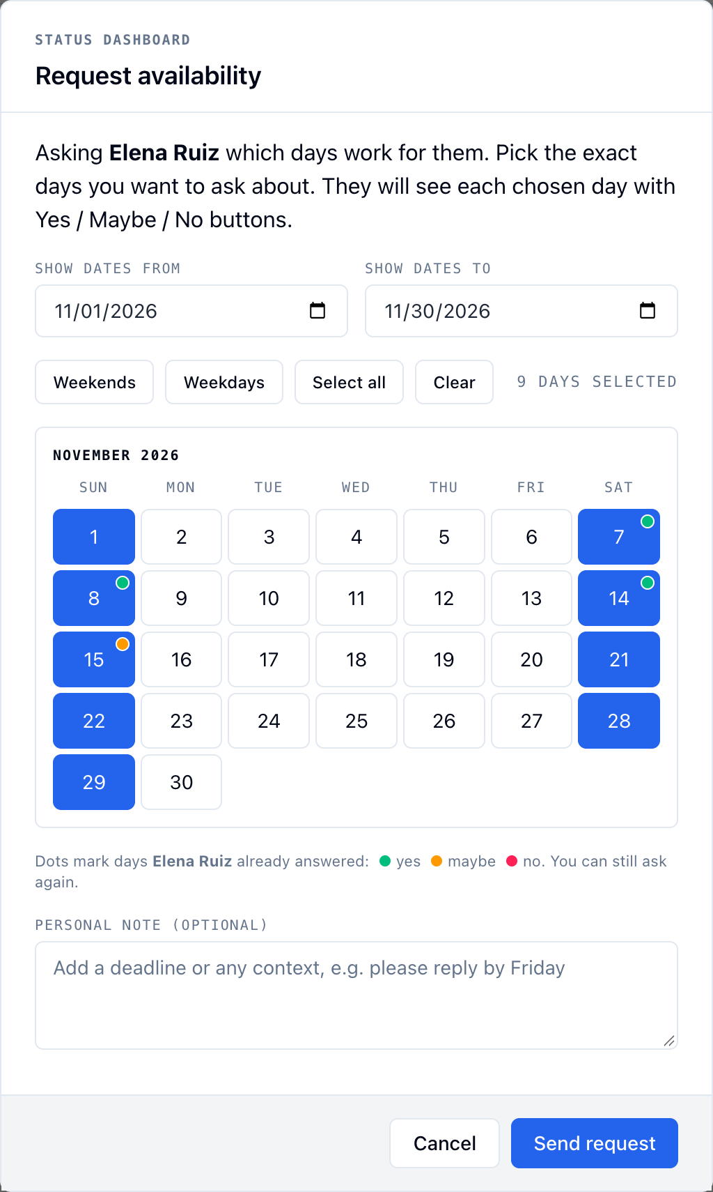 Request availability for Elena Ruiz: a November 2026 calendar with the weekends selected, green and amber dots on days she already answered, and the legend Dots mark days Elena Ruiz already answered