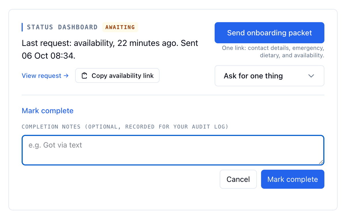 The Status Dashboard section on Priya Nair's page with the Mark complete form open: Completion notes with the placeholder Got via text, Cancel, and Mark complete