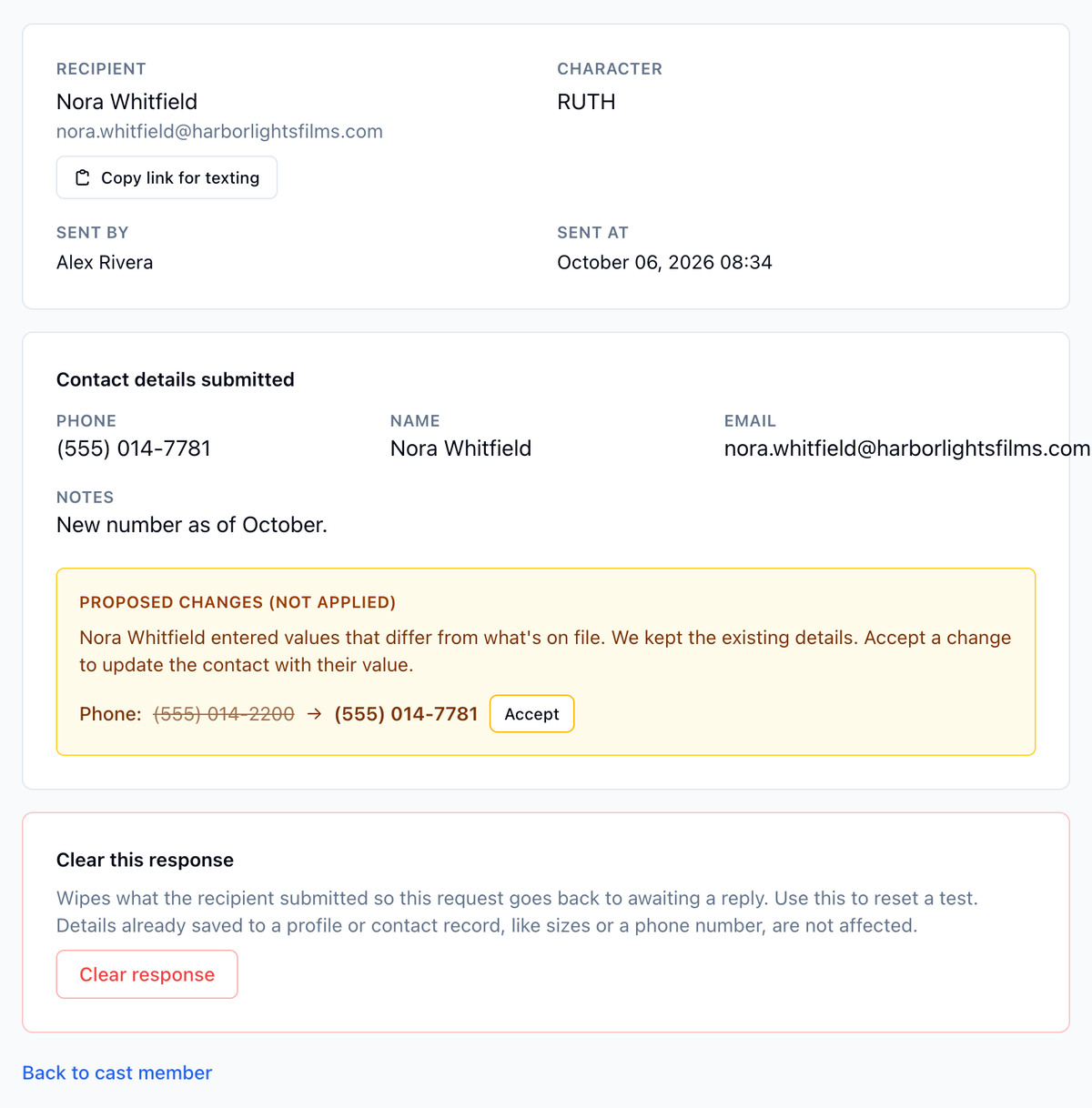 Nora Whitfield's contact details request: the submitted phone, name, email, and note, then a Proposed changes box showing the phone on file struck through, the new number, and an Accept button