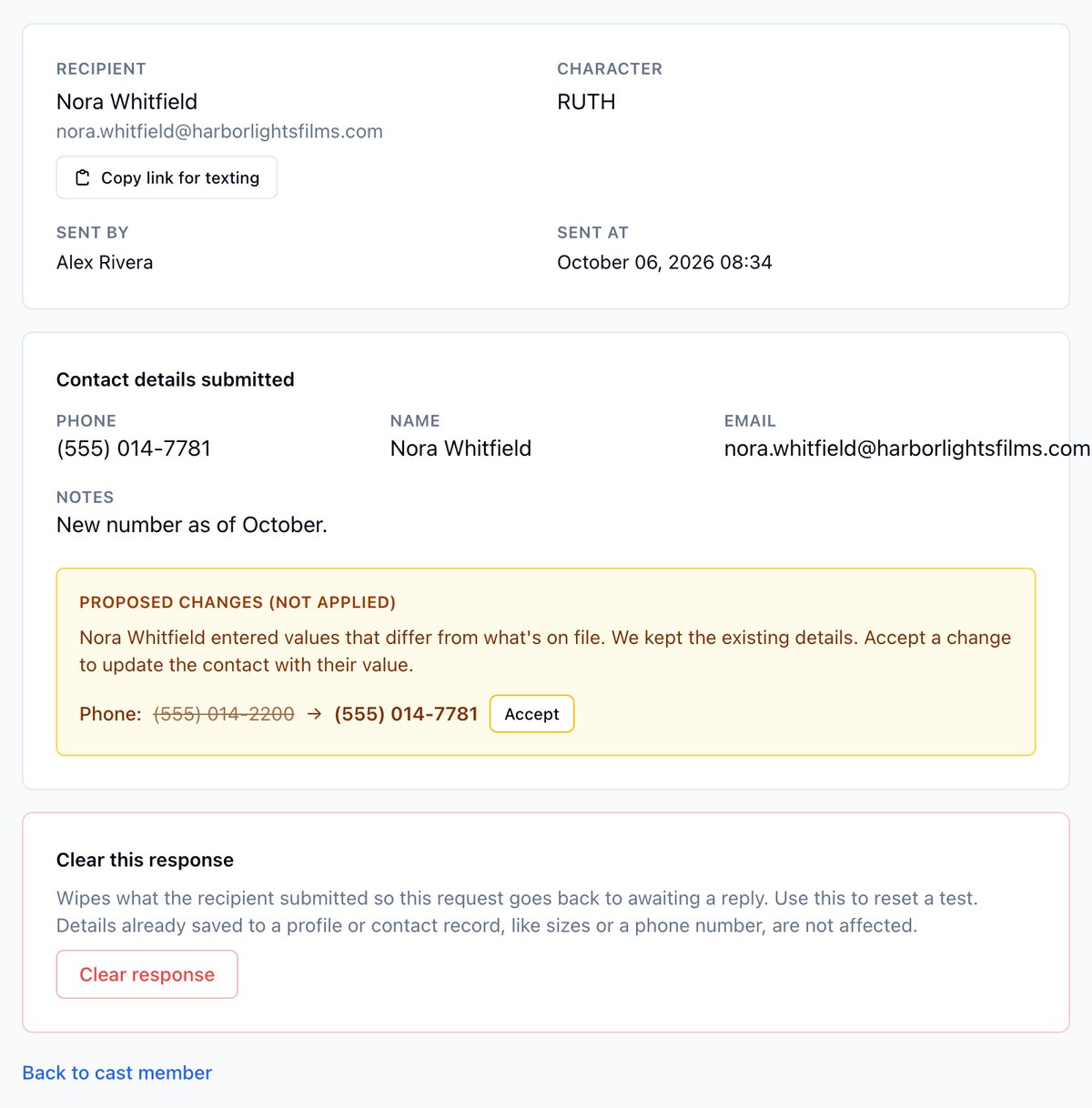 Nora Whitfield's contact details request: the submitted phone, name, email, and note, then a Proposed changes box showing the phone on file struck through, the new number, and an Accept button