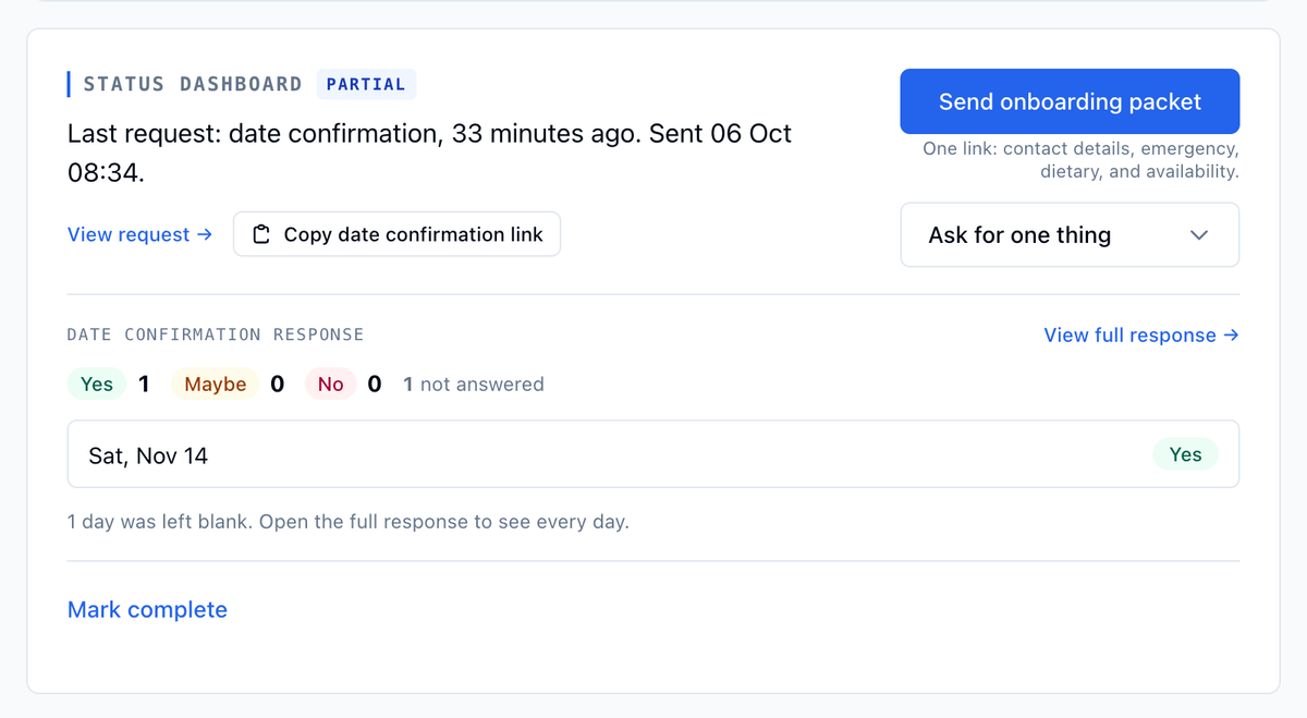 The Status Dashboard section on Walter Boone's page, marked Partial: Date confirmation response, Yes 1, Maybe 0, No 0, 1 not answered, the Sat, Nov 14 row marked Yes, and a line that 1 shoot day is still unanswered