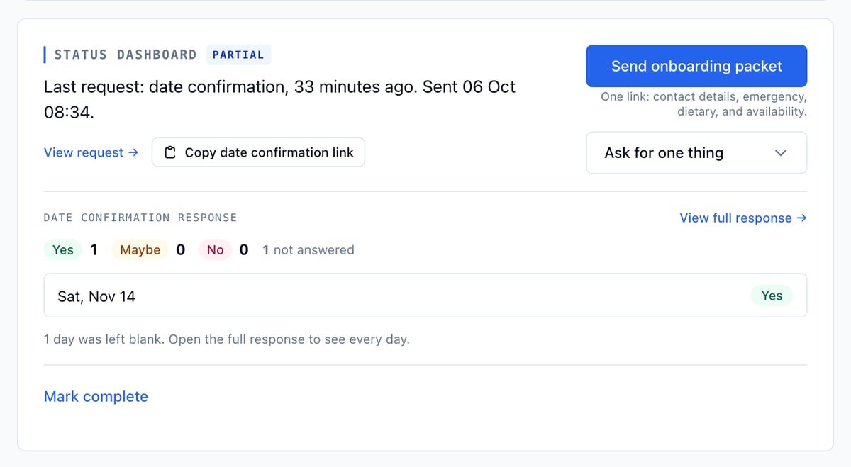 The Status Dashboard section on Walter Boone's page, marked Partial: Date confirmation response, Yes 1, Maybe 0, No 0, 1 not answered, the Sat, Nov 14 row marked Yes, and a line that 1 shoot day is still unanswered