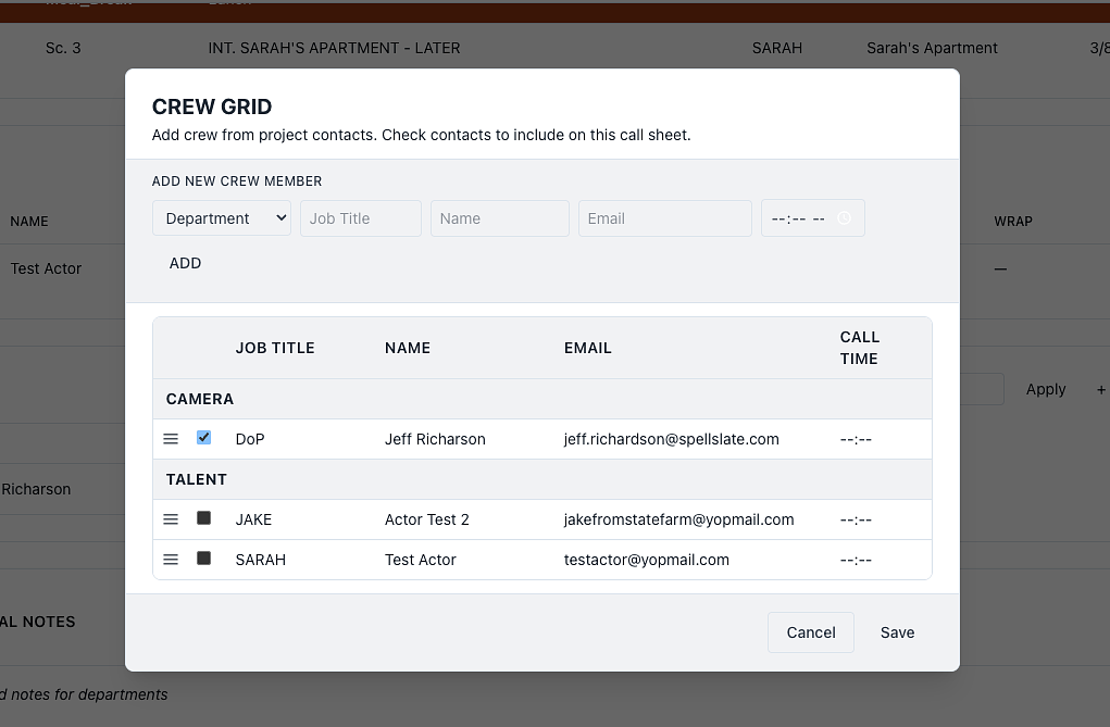 Crew Grid modal to add crew from contacts