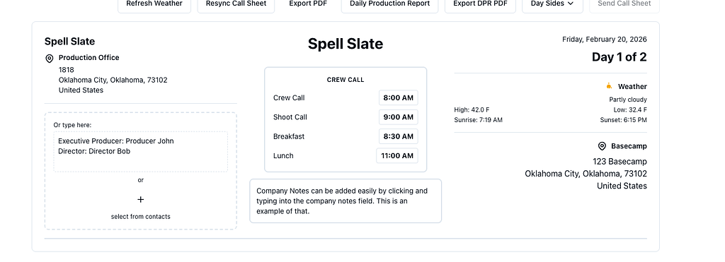 Call sheet with company notes and basecamp