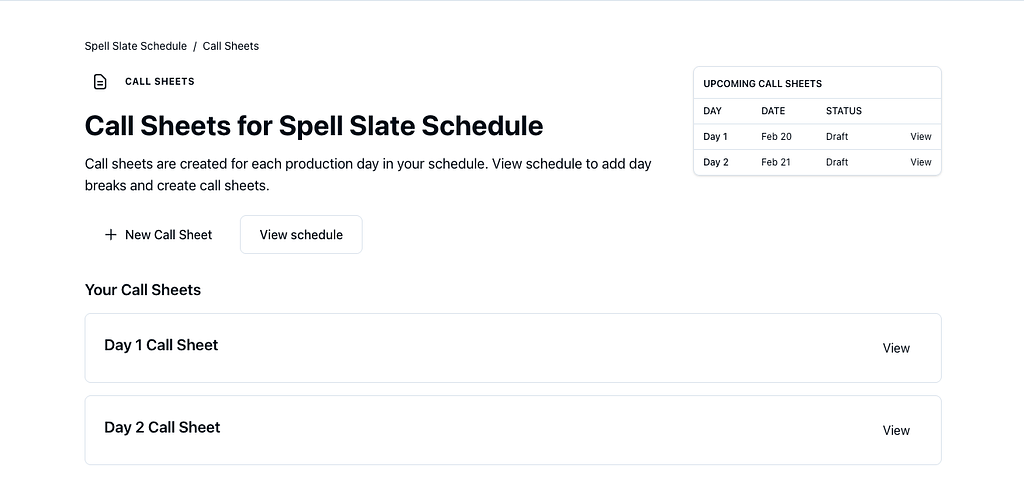 Call sheets index with upcoming and your call sheets