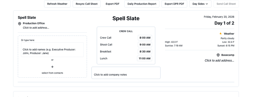 Call sheet with production office, crew call times, and weather