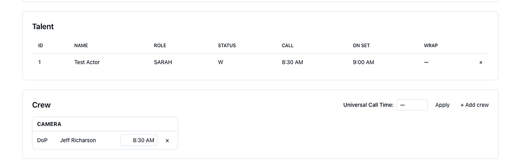 Talent and Crew sections with call times