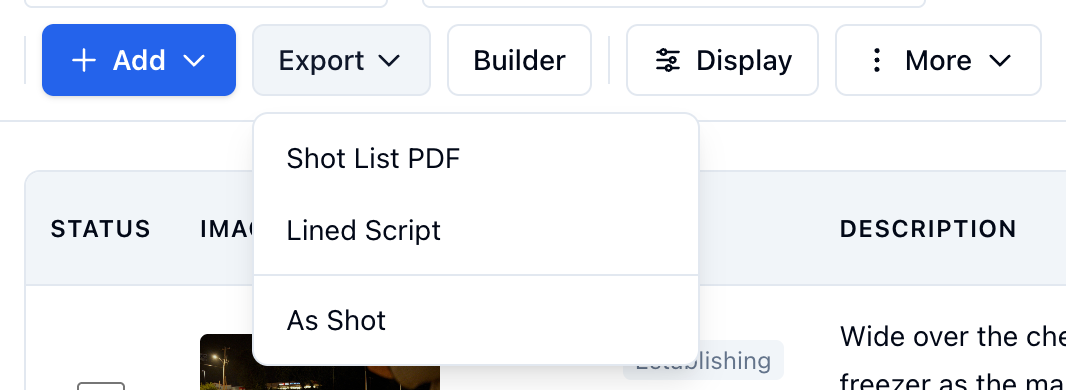 The Export menu: Shot List PDF, Lined Script, As Shot
