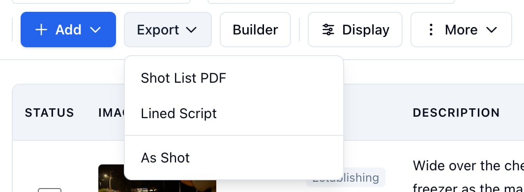 The Export menu: Shot List PDF, Lined Script, As Shot