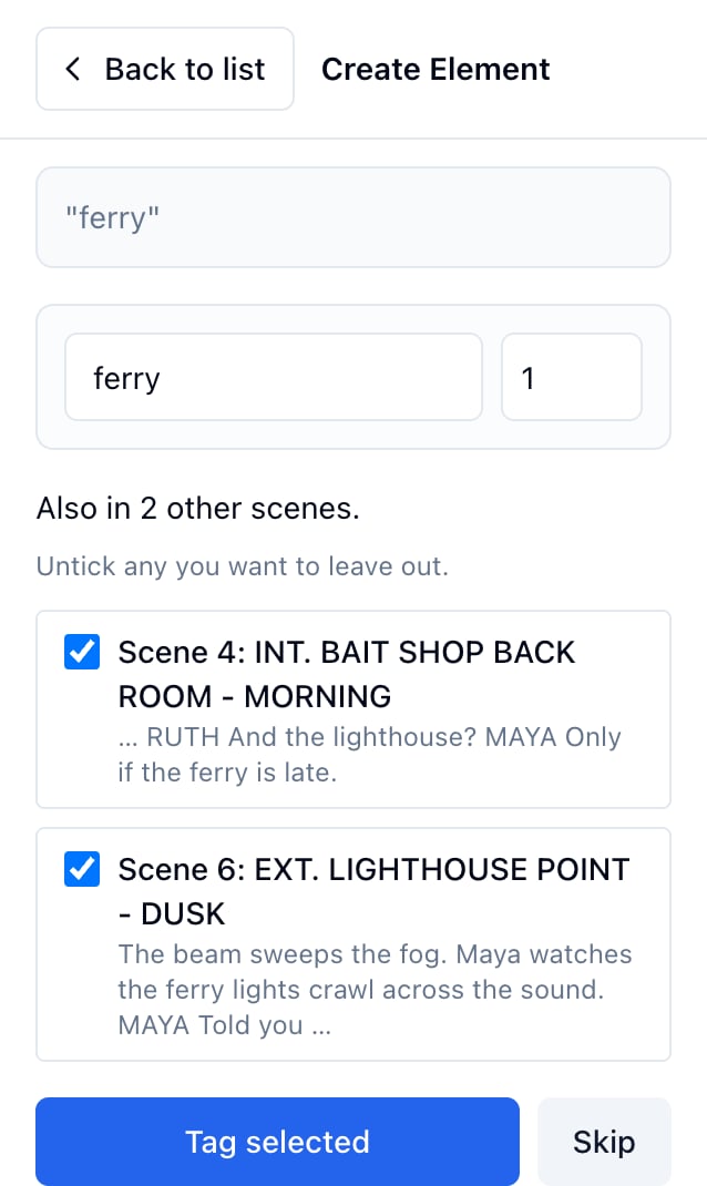 The Tag all mentions step: Also in 2 other scenes, both ticked, with Tag selected and Skip