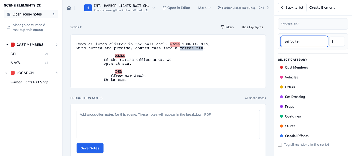 Selecting coffee tin, choosing Props, and adding it: the prop appears in Scene Elements and is highlighted in the script