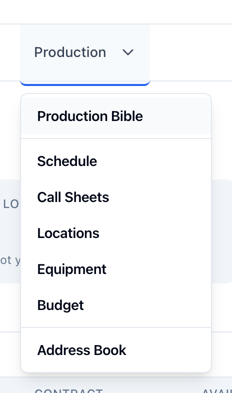 The Production nav item open: Production Bible first, then Schedule, Call Sheets, Locations, Equipment, Budget, and Address Book