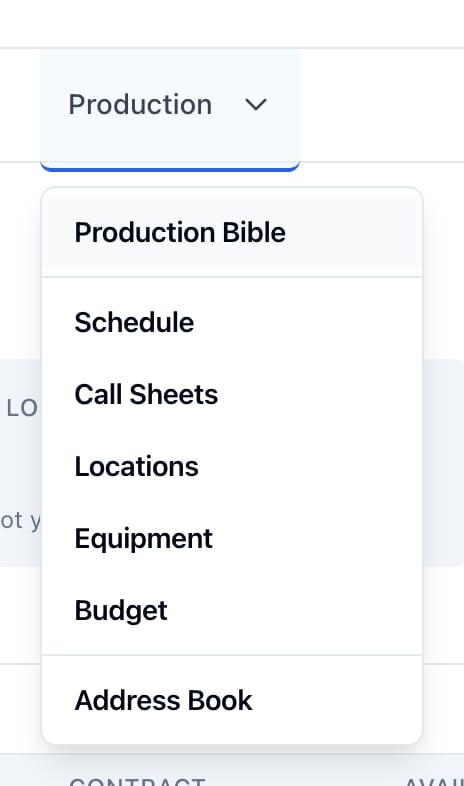 The Production nav item open: Production Bible first, then Schedule, Call Sheets, Locations, Equipment, Budget, and Address Book