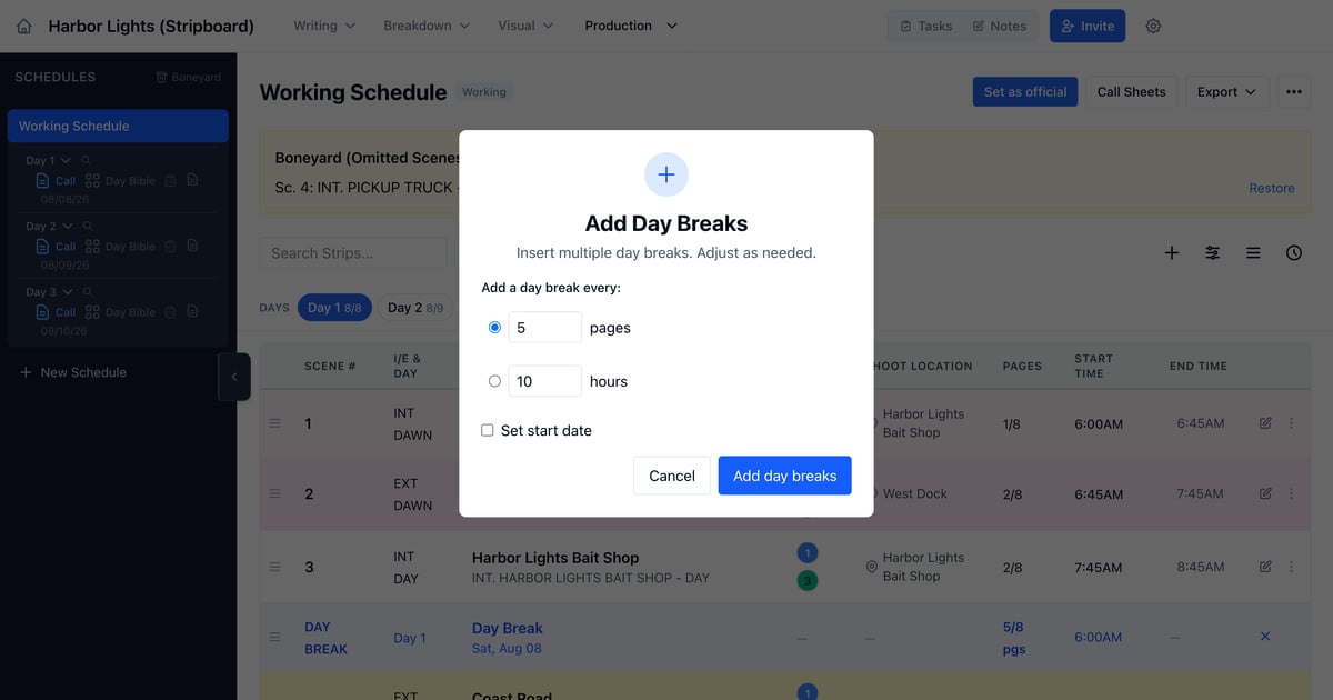 The Add Day Breaks window: a day break every 5 pages or every 10 hours, with an optional start date
