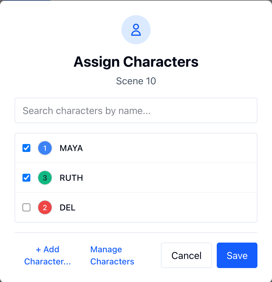 Assign Characters for scene 10 with MAYA and RUTH checked and DEL unchecked