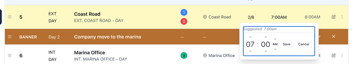 Changing the coast road scene's start time, with Suggested: 7:00am above the hour and minute
