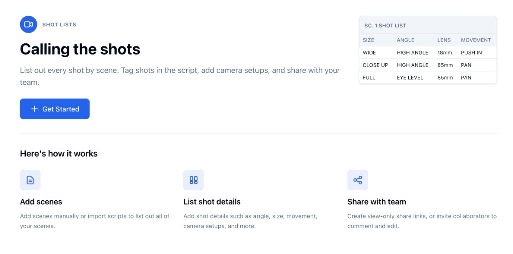 Calling the shots: shot list intro and Get Started