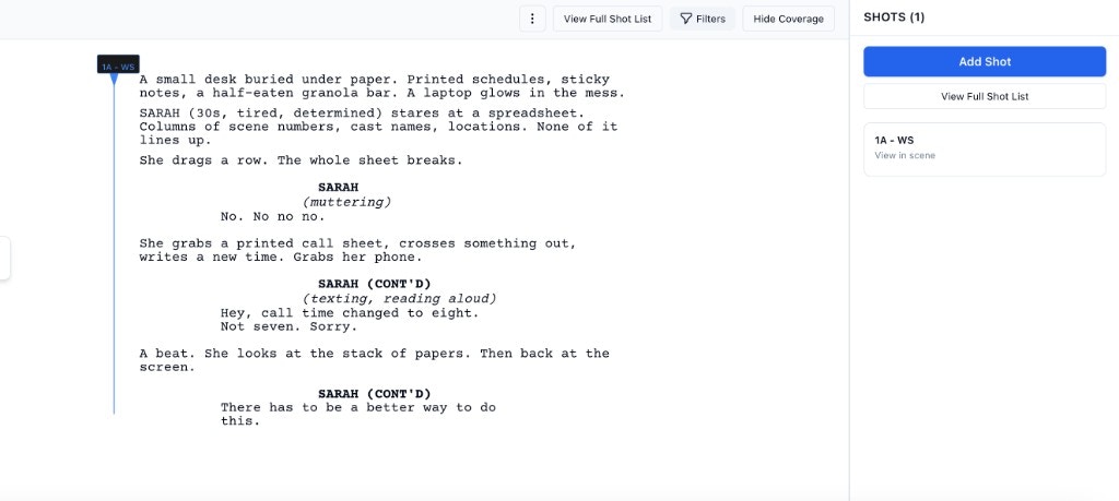 Create Shot coverage section with character selection