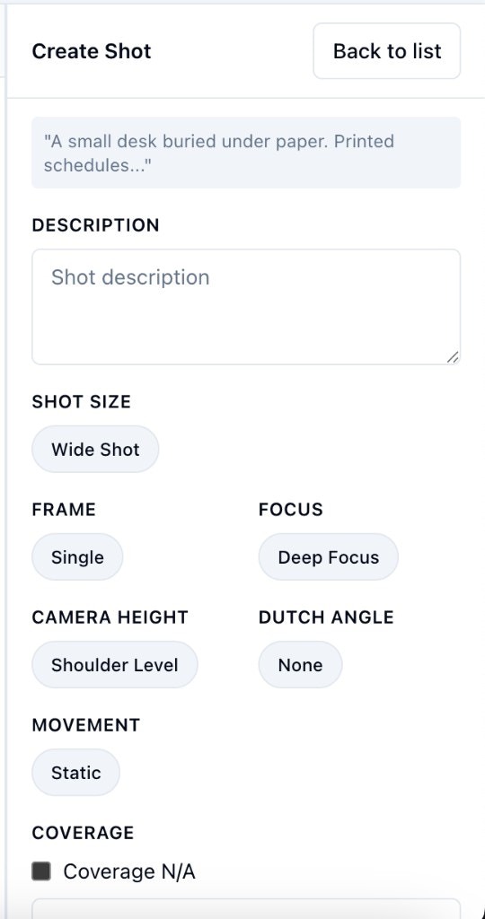 Create Shot form with size, frame, focus, and movement